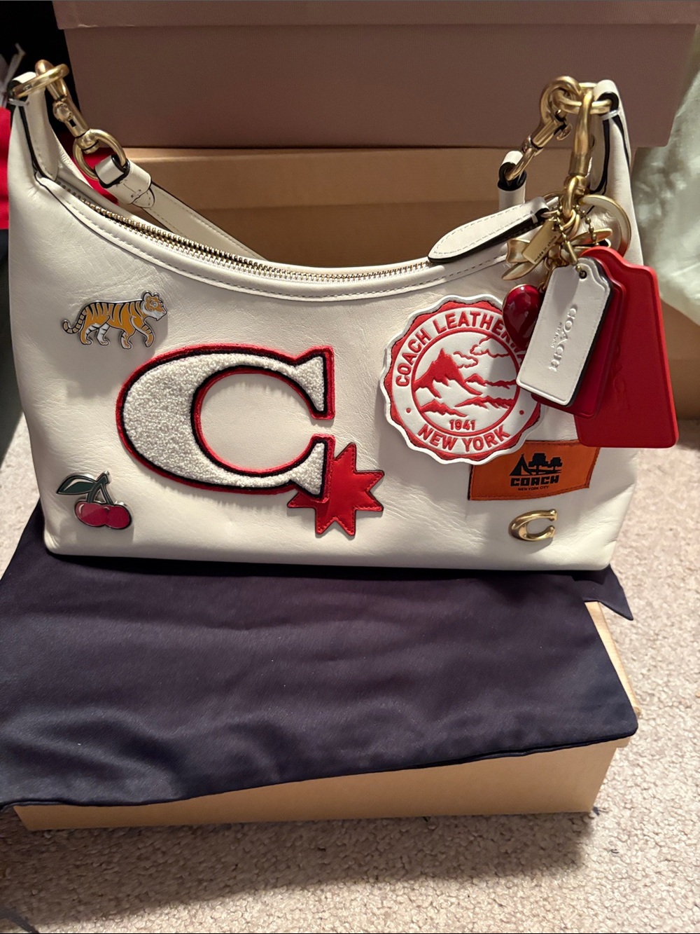 Coach White Leather Shoulder Bag with Red Accents